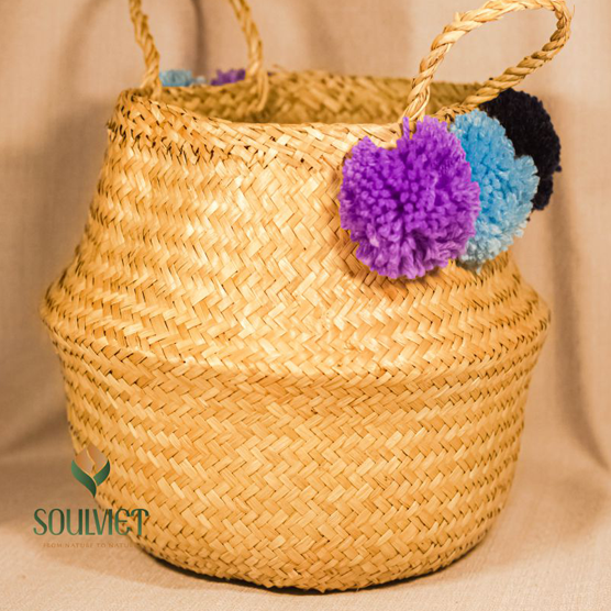 Decor Seagrass  plant pot bag with colorful cotton flower