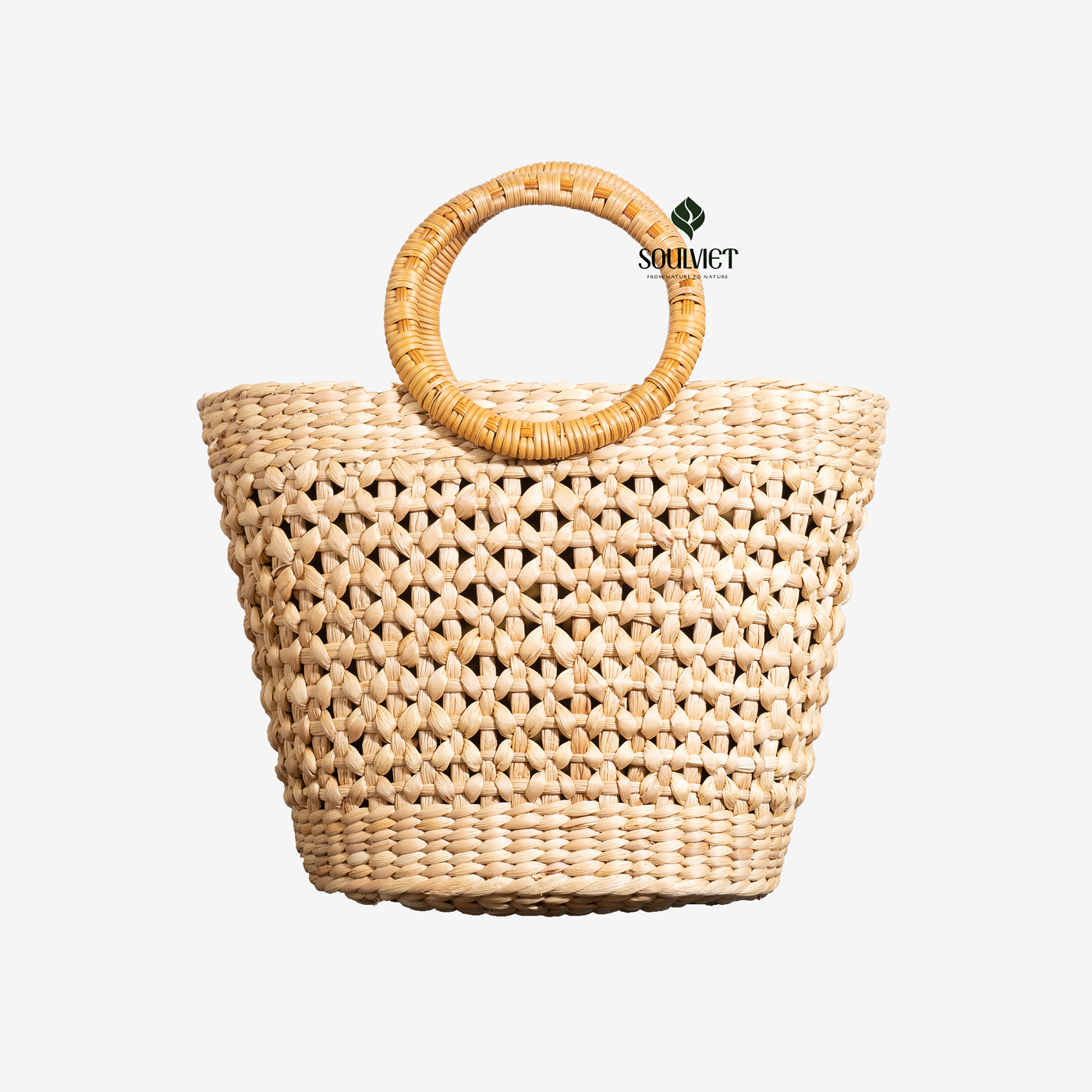 Mesh-style Water hyacinth Handbag with round Rattan handle