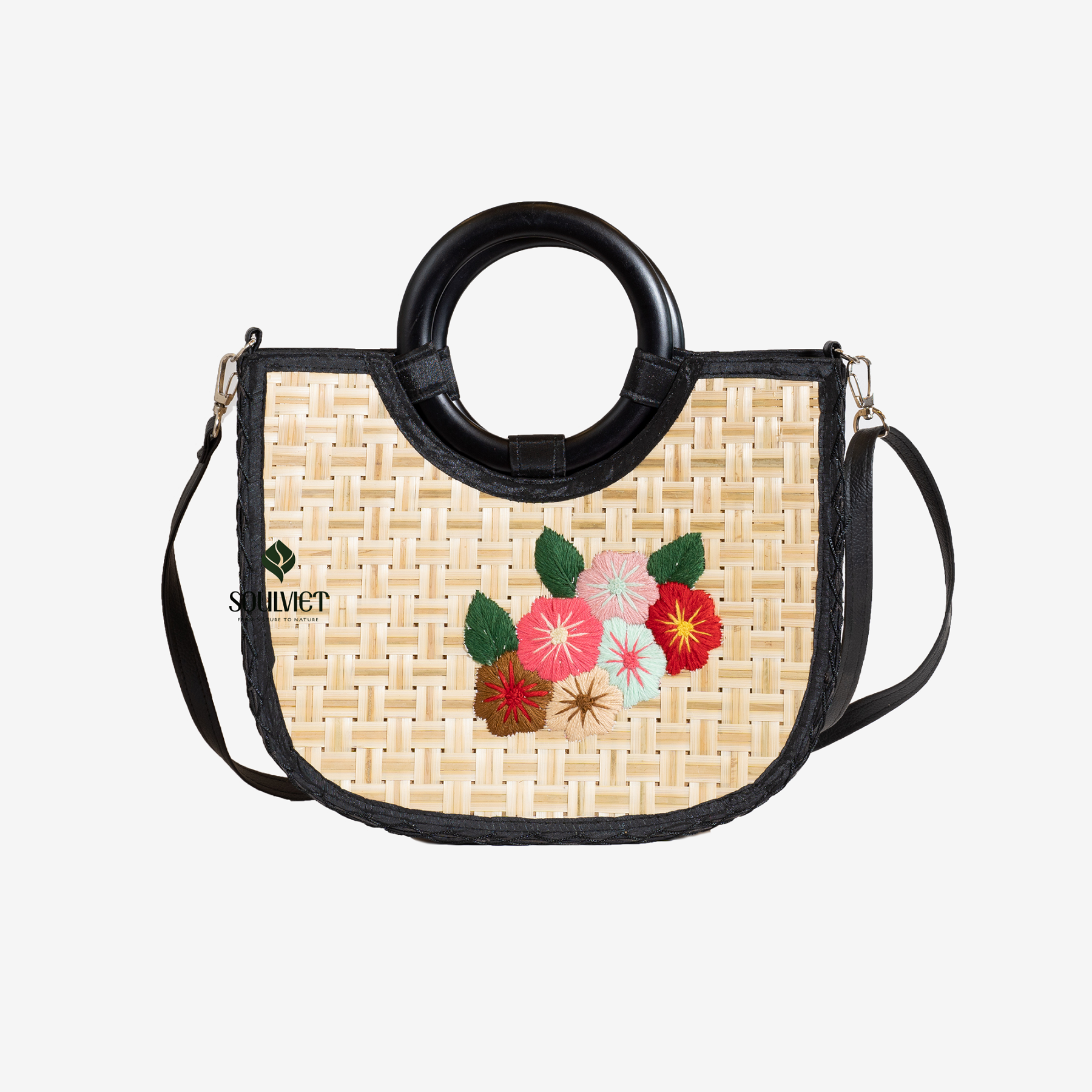 Fashionable Bamboo Handbag, with embroidered colorful flowers