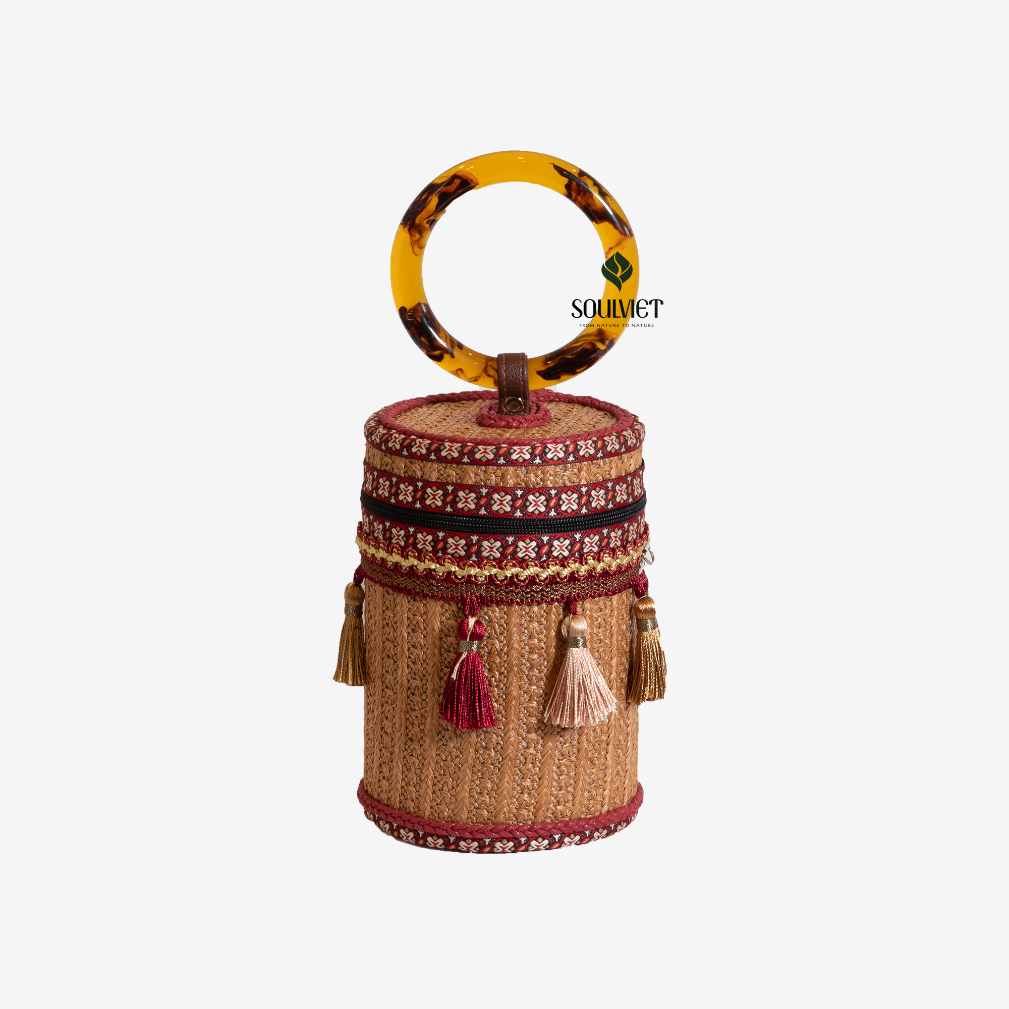 Cylindrical Bamboo Handbag, with brocade and cotton motifs, round Onyx Handle