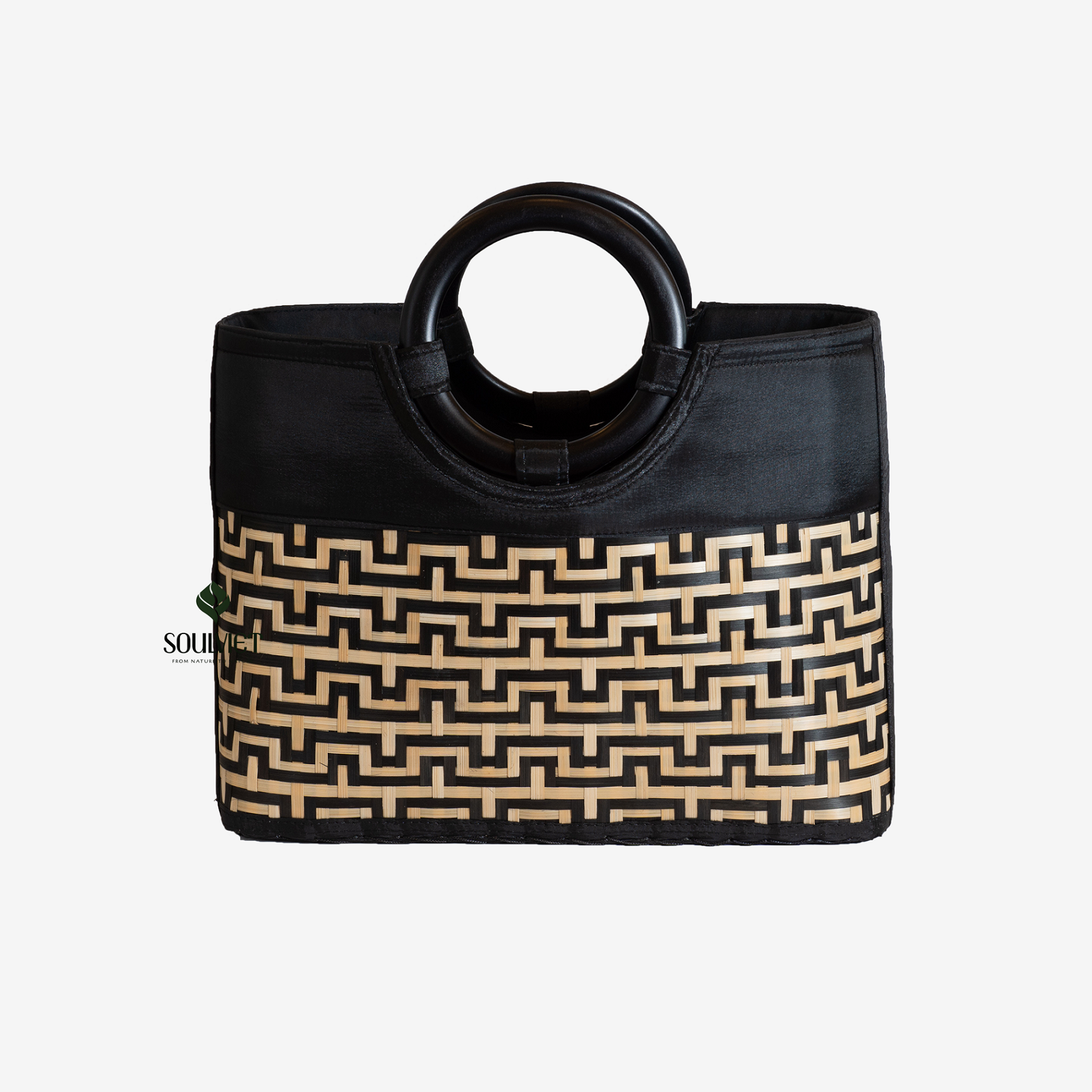 Rectangular Patterned Bamboo Handbag, Round Plastic handle