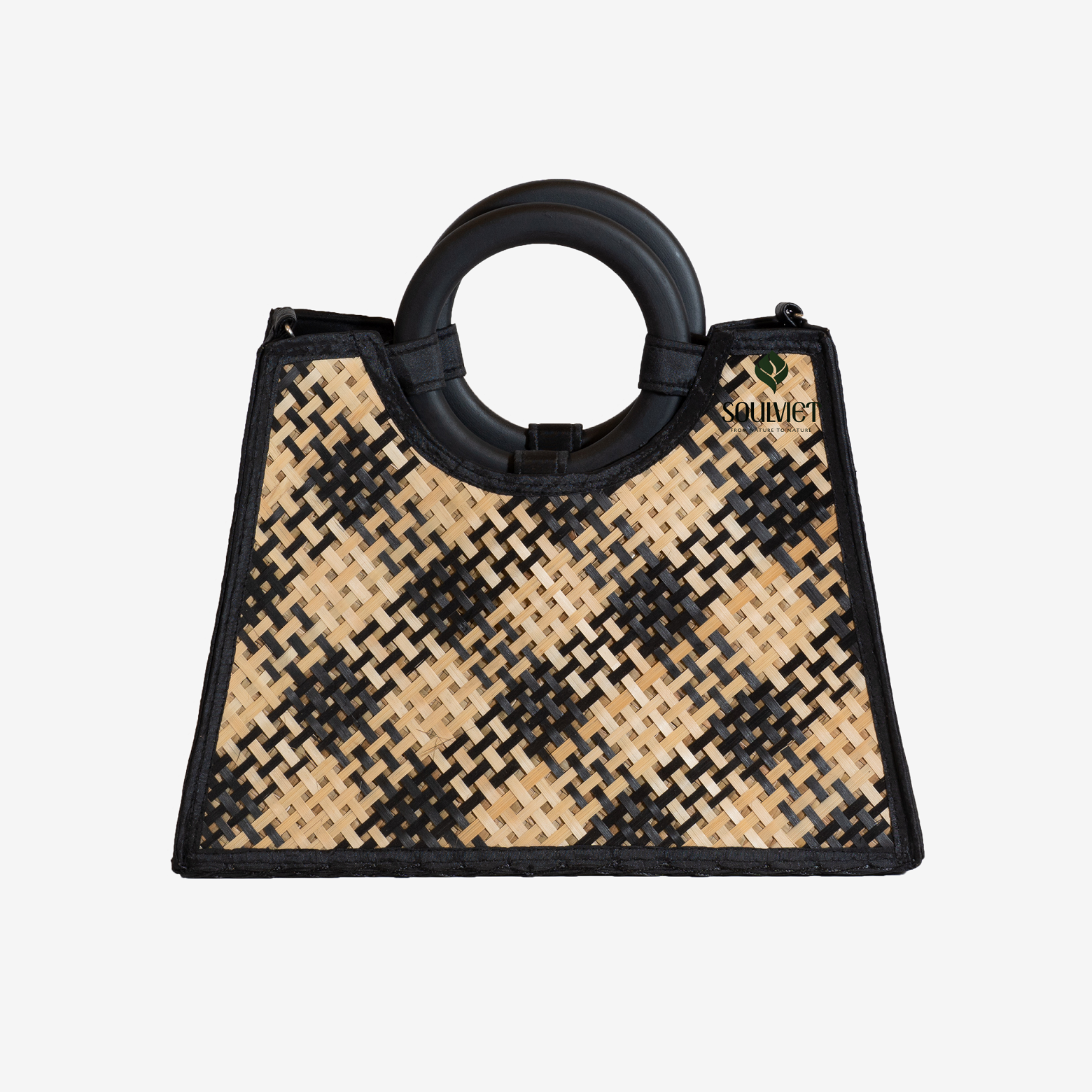Trapezoid Cross-Knitted Bamboo Handbag, Round Plastic Handle