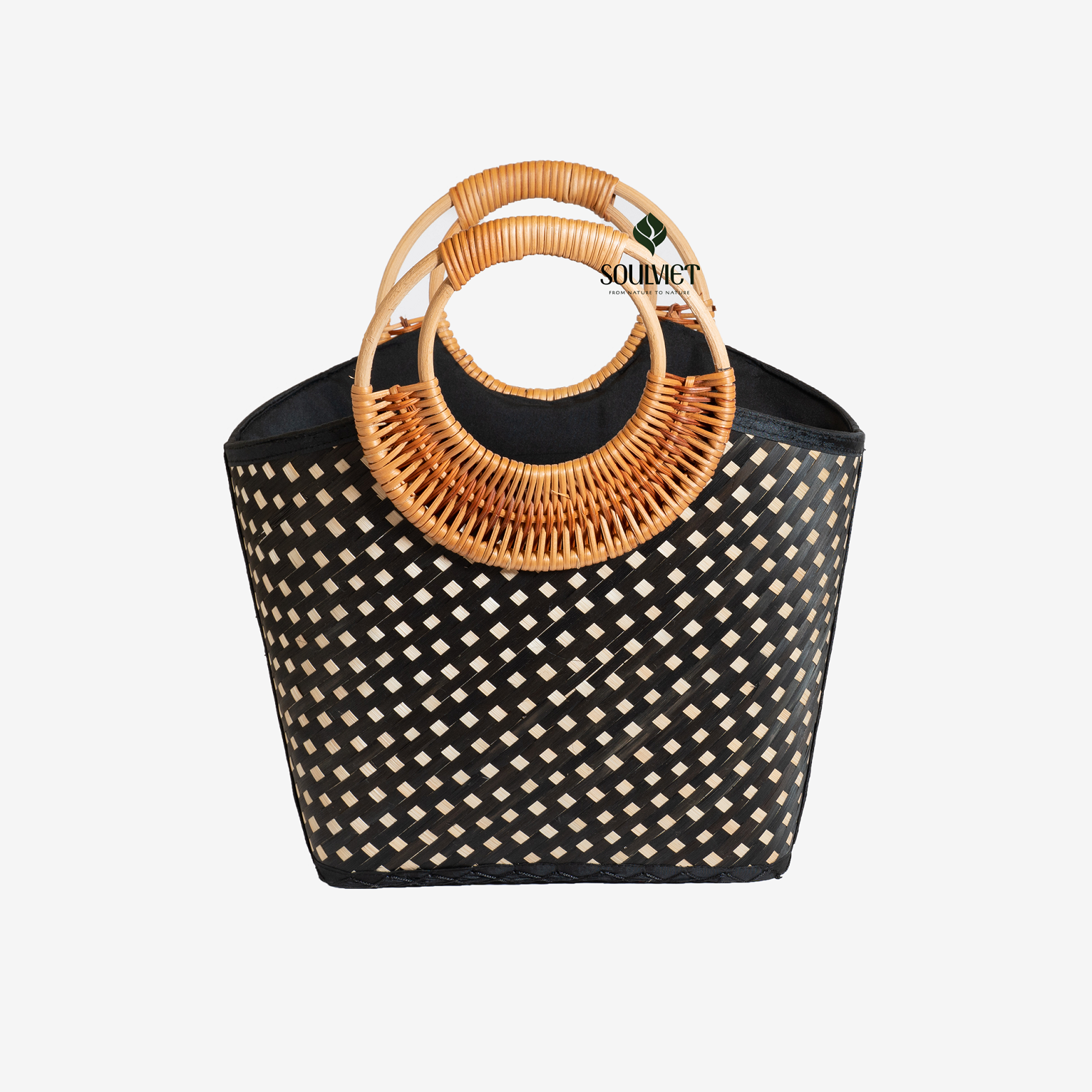 Patterned Bamboo Handbag, Double Round Rattan Handle