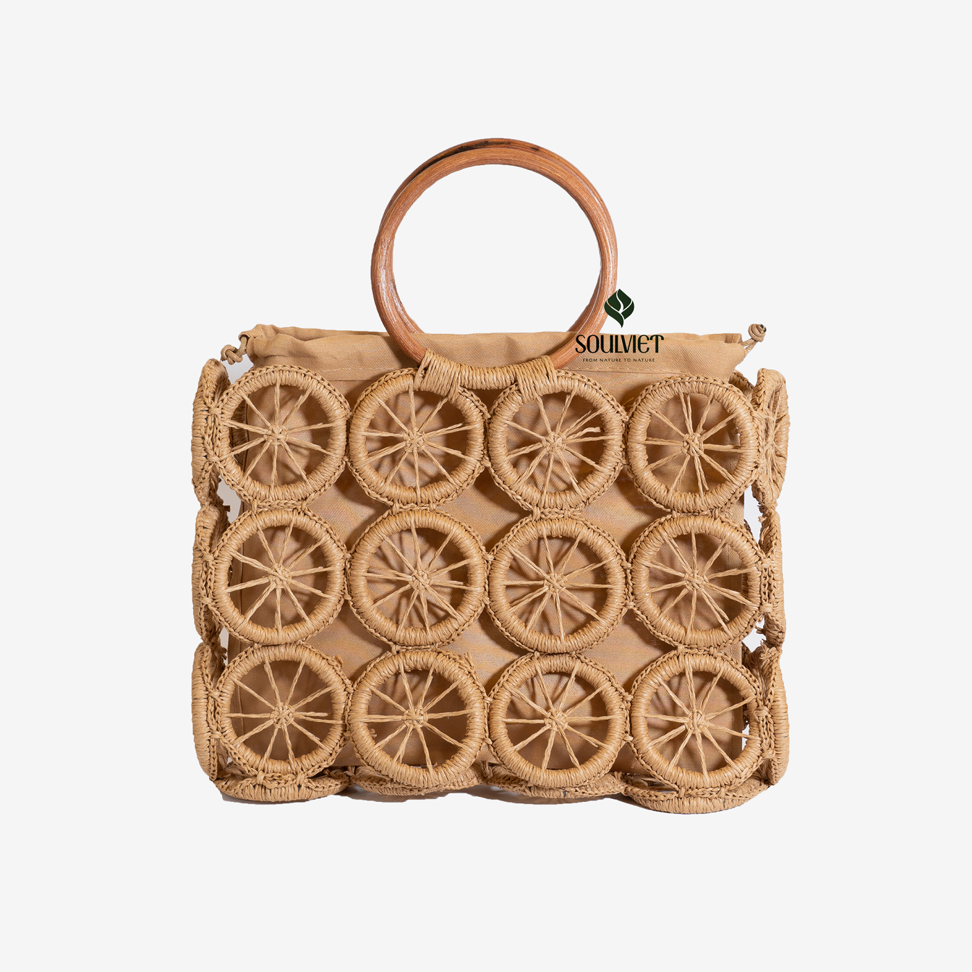 Paper Fiber Handbag with wheel motifs, Round Rattan Handle