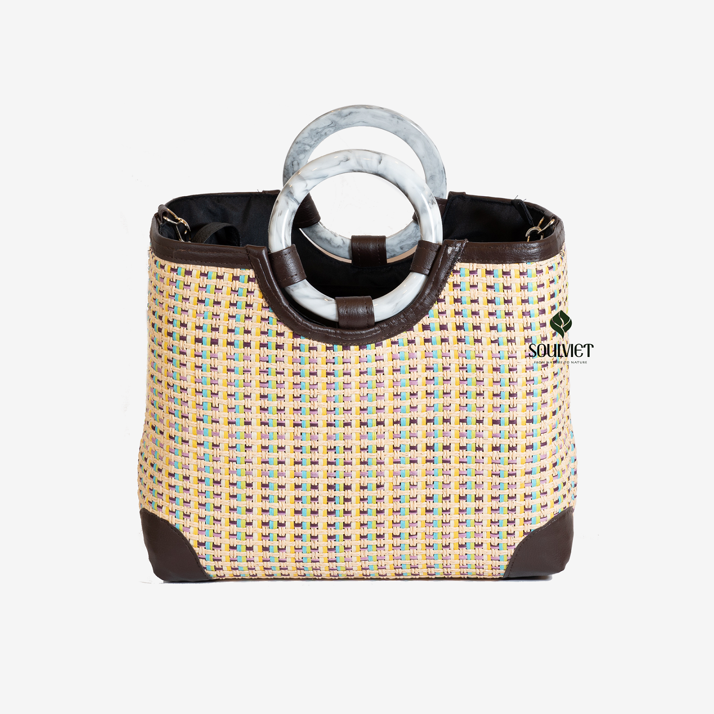 Square Woven Paper Fiber Handbag with leather border, Round Onyx Handle