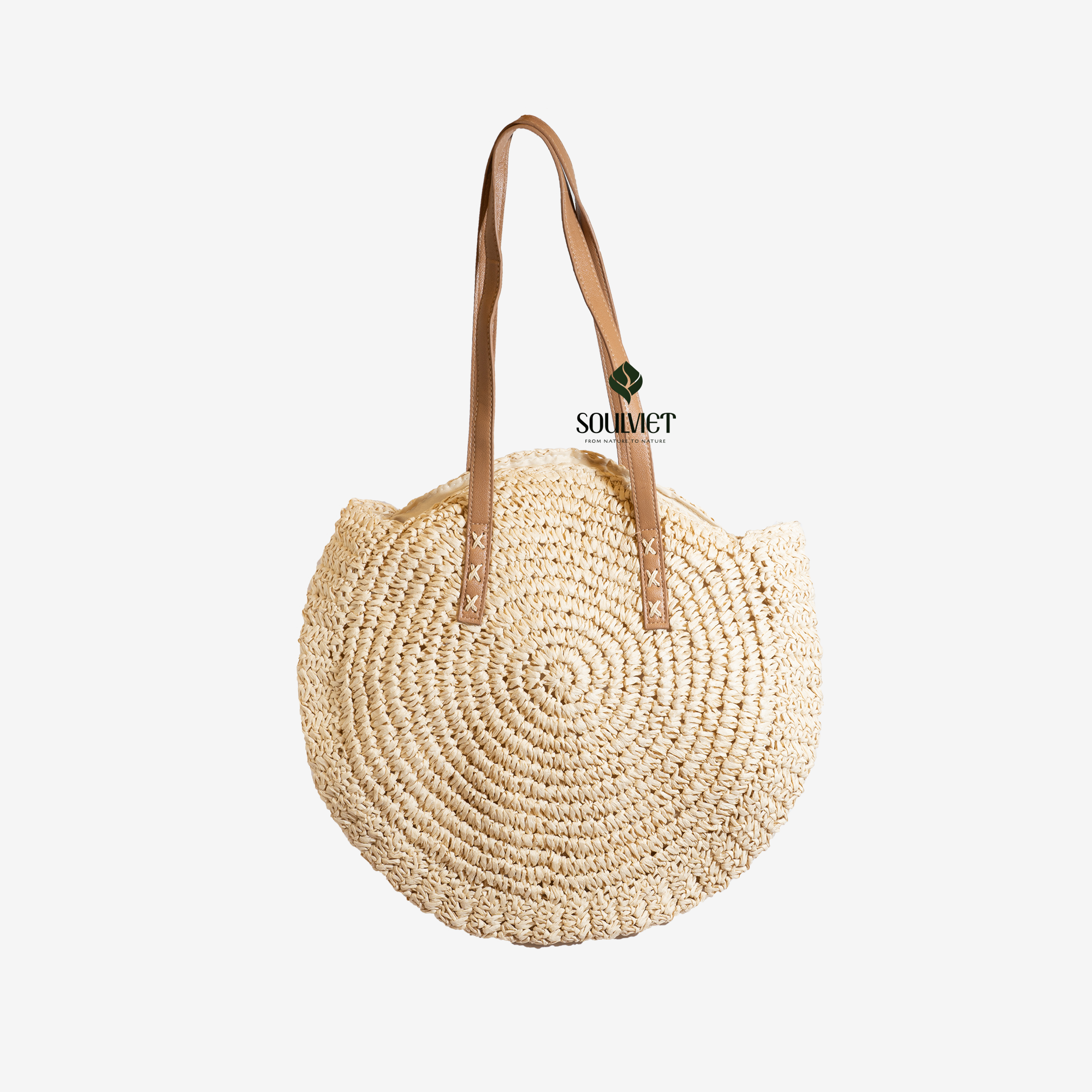 Túi xách tròn bằng sợi giấy đan, dây da