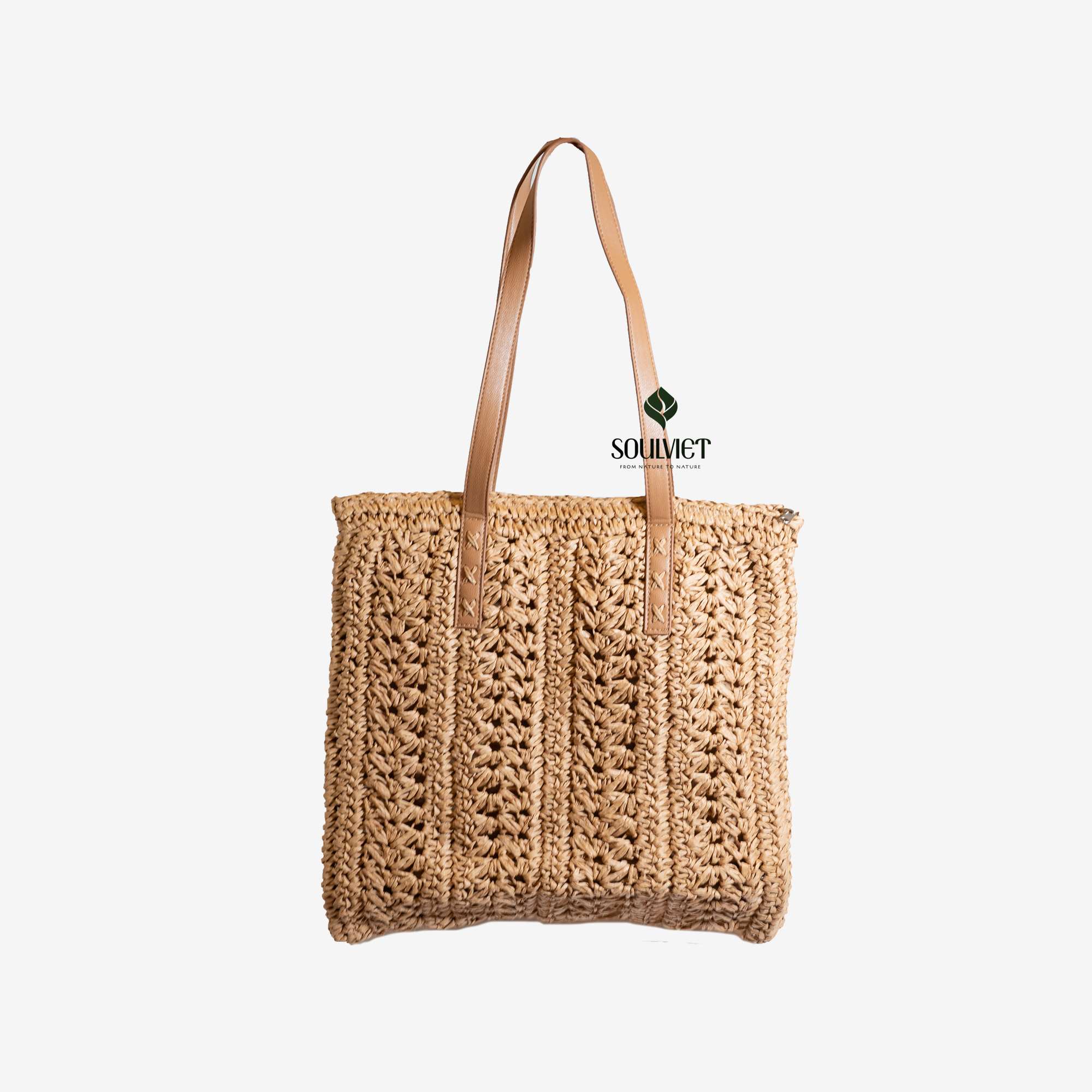 Túi xách vuông bằng sợi giấy đan, dây da