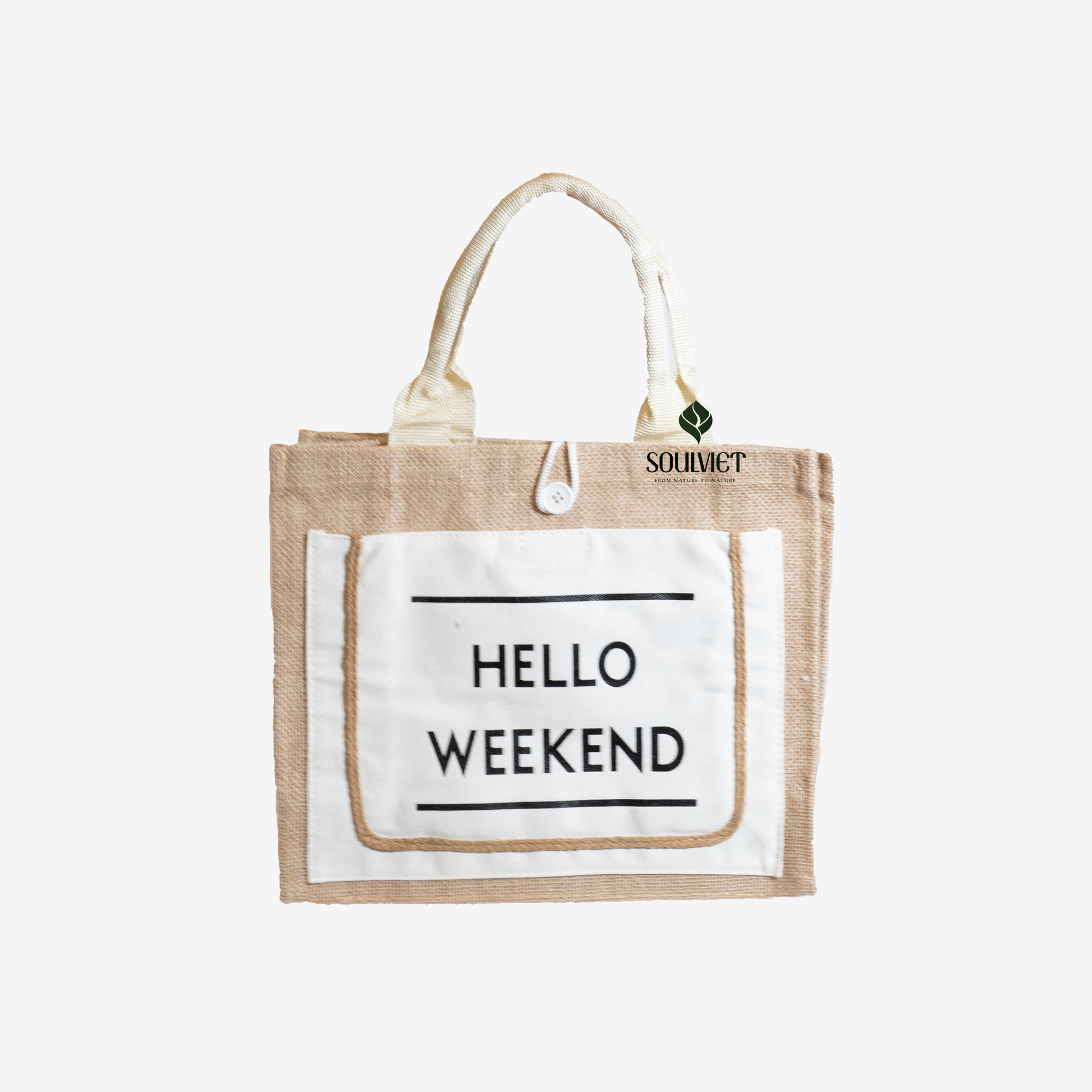 Tuí xách vải bố in chữ “Hello Weekend”